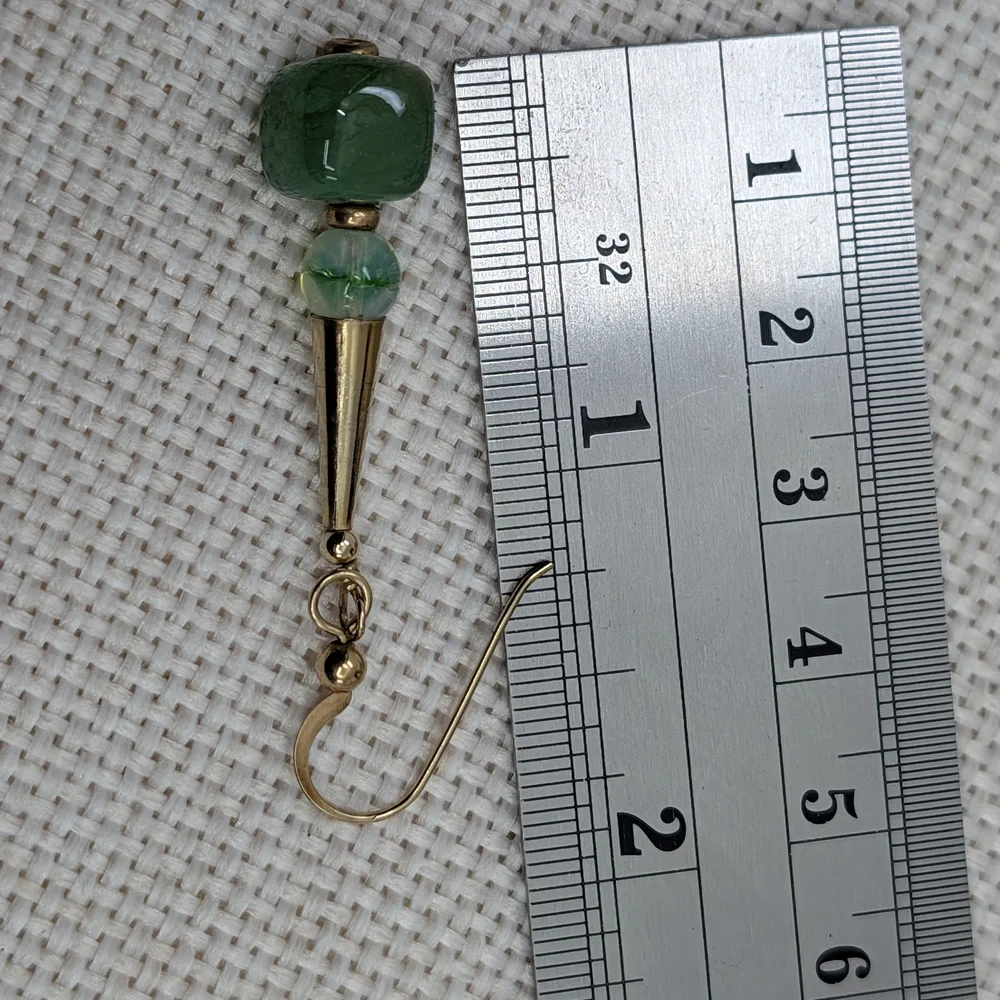 Vintage Handmade Green Glass Dangle Earrings | Boho Drop Style | Lightweight